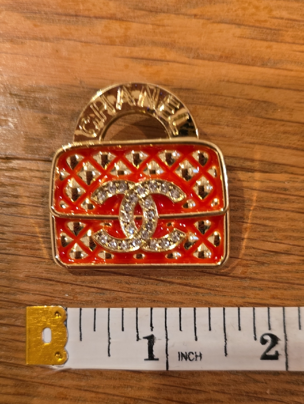 Red Enamel Quilted CC Crystal Brooch with Gold-Tone Trim (Stamped) - Picture 5 of 5